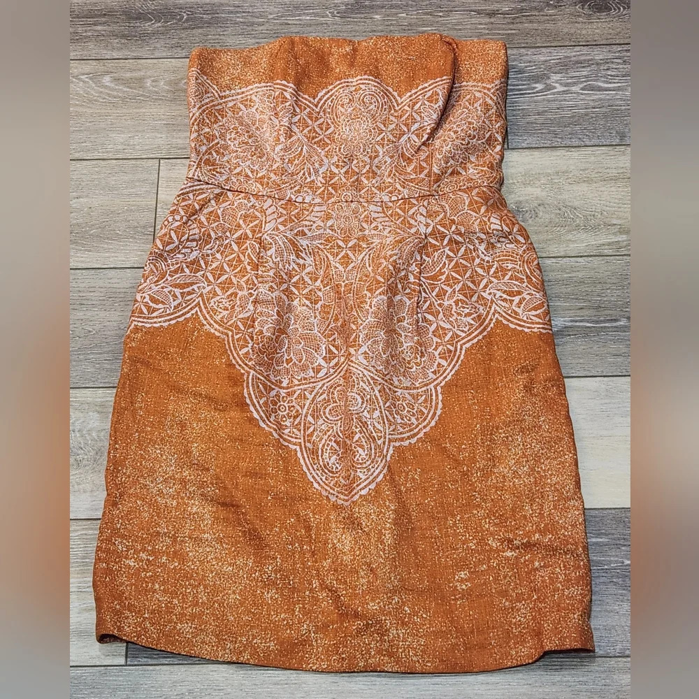 Peruvian Connection linen orange strapless mini dress